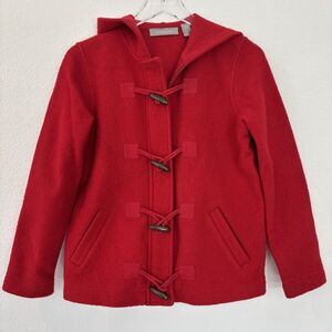 Liz Claiborne Women’s Wool Jacket M Petite Red Hooded Toggle Button Scandi Girl